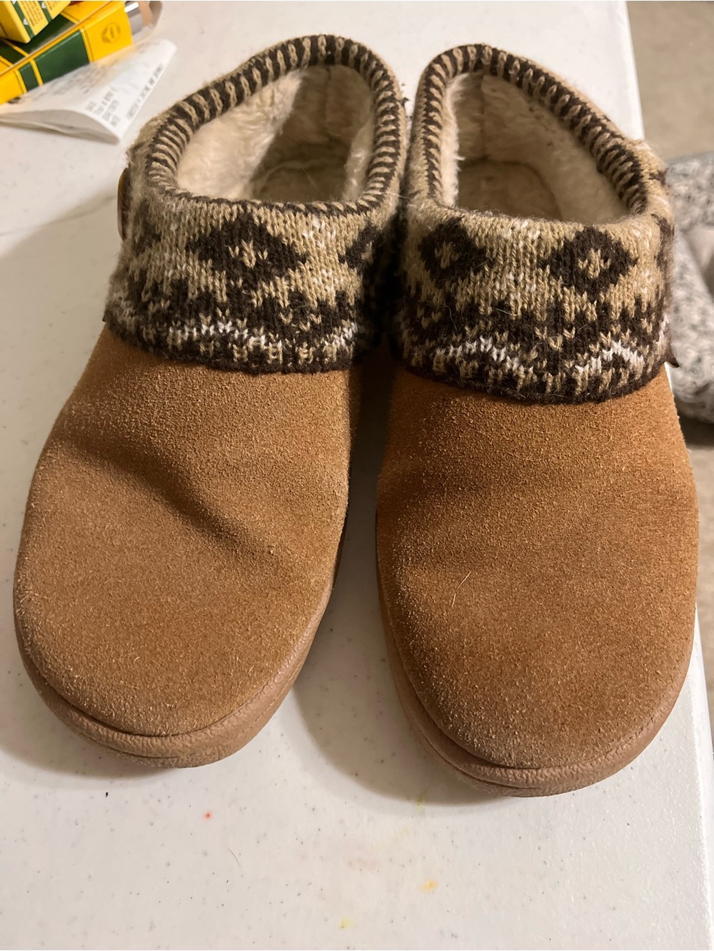 Natural Reflections Tan Suede Slip-On Slippers with Knit Cuff